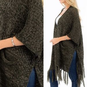 Olive Green Pocketed Boho Button Open Poncho